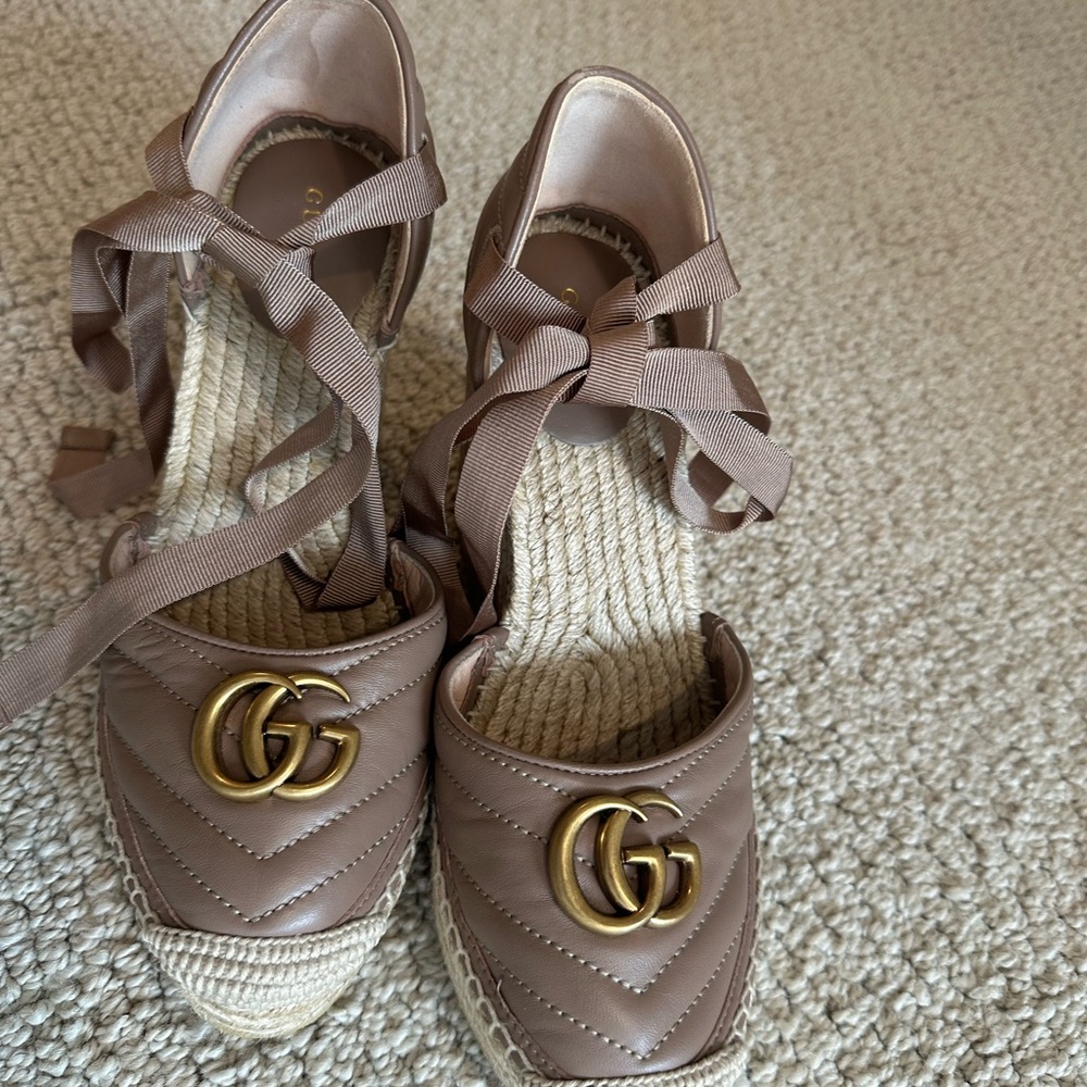 Gucci Taupe Leather GG Espadrille Wedge Sandals with Ribbon Ties
